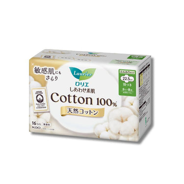 Kao ロリエ しあわせ素肌 Cotton100% 22.5cm [多い昼用/ふんわりタイプ/羽つき] 16個入